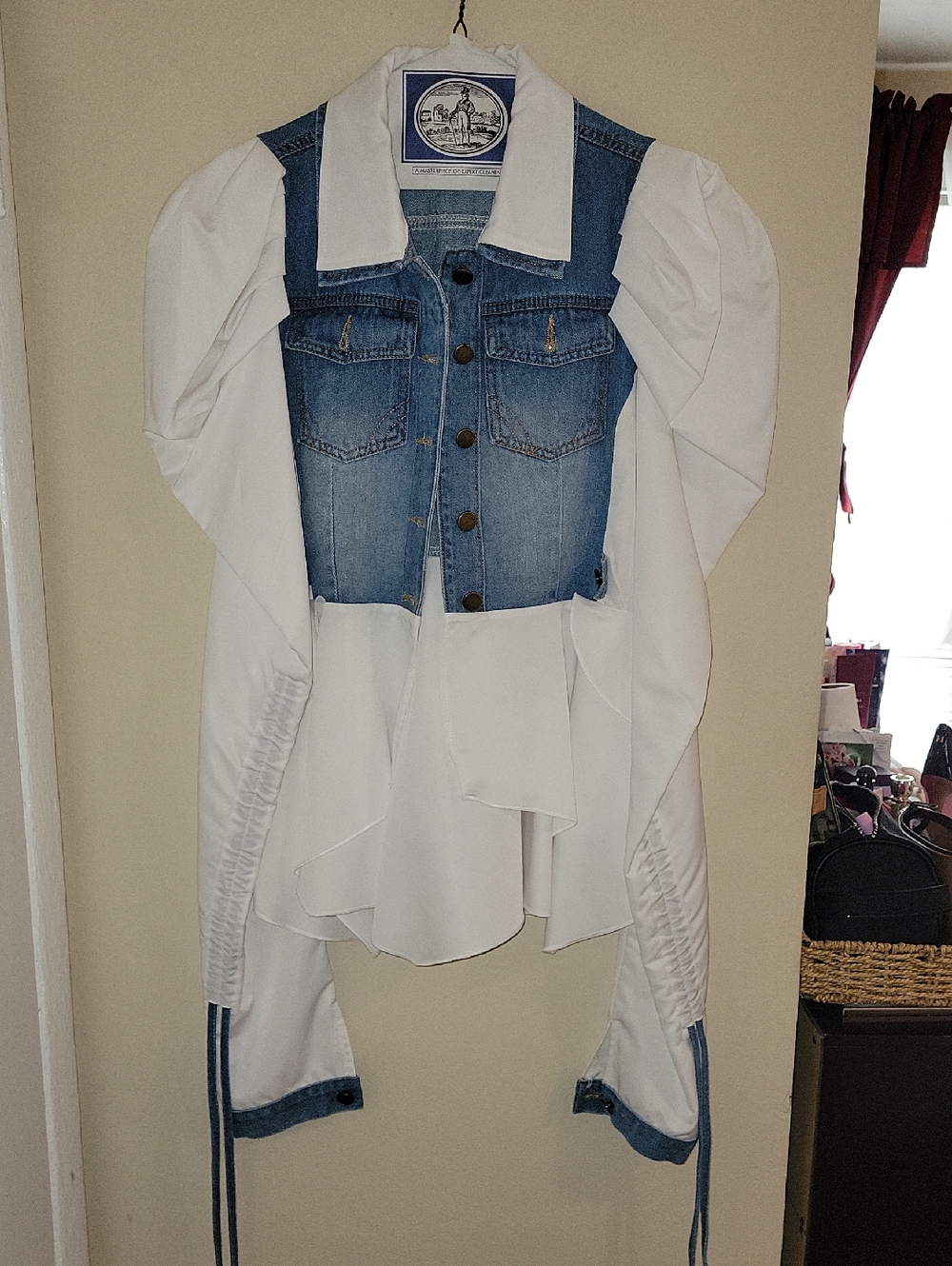 Women's White Blouse with Blue Denim Vest Front